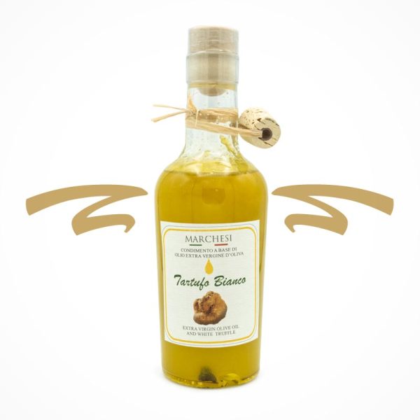 Original italienisches Olivenöl Extra Vergine mit weißem Trüffel aromatisiert. Das feine Olivenöl mit typisch gelber Farbe, schmeckt und duftet nach frischen Oliven mit angenehmer Note von weißem Trüffel. Ideal um deinen Speisen das gewisse Etwas zu verleihen wie zum Beispiel-zum Verfeinern von Pizza, Pasta, Risotto, Fisch- und Fleischgerichten. Die Ölflasche mit Ausgießkappe zur Dosierung ist auch immer eine schöne Geschenkidee.