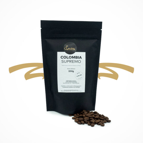 SEASON Premium-Kaffee Colombia Supremo ist ein sortenreiner Arabica. 100% Arabica Bohne. Kleine Rösterei, beste Kaffeequalität, Colombia Supremo ist angenehm aromatisch und fruchtig mit einer ausgewogen kräftigen Geschmaksfülle. Er überzeugt mit einem vollmundigen Körper und seinem samtigen, leicht nussigen Gescmack.